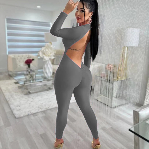 Deep V-neck long sleeved leggings for women's fashion backless tight jumpsuit