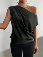 Women's Fashion Versatile Slant Neck Pinch Fold Single Shoulder Asymmetric Tank Top