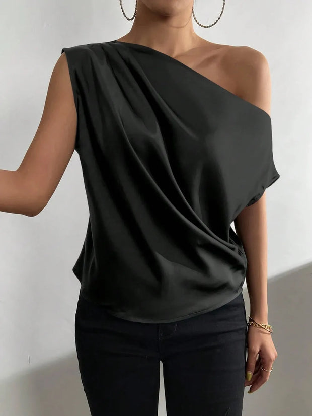Women's Fashion Versatile Slant Neck Pinch Fold Single Shoulder Asymmetric Tank Top