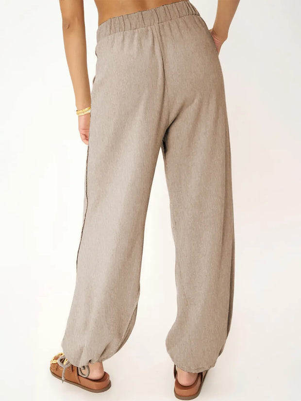 Women's Fashion Solid Color Pit Strips Wide Leg Drawstring Pants for Women