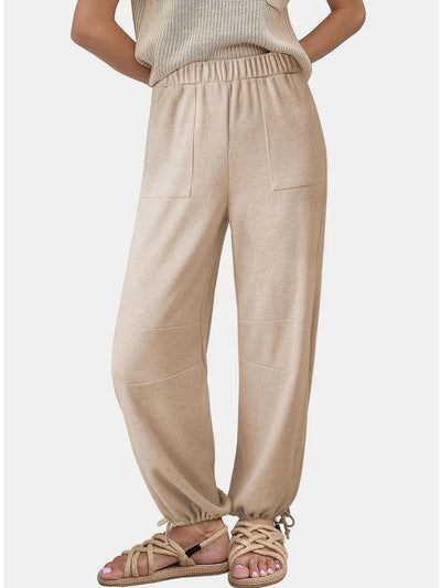 Women's Fashion Solid Color Pit Strips Wide Leg Drawstring Pants for Women