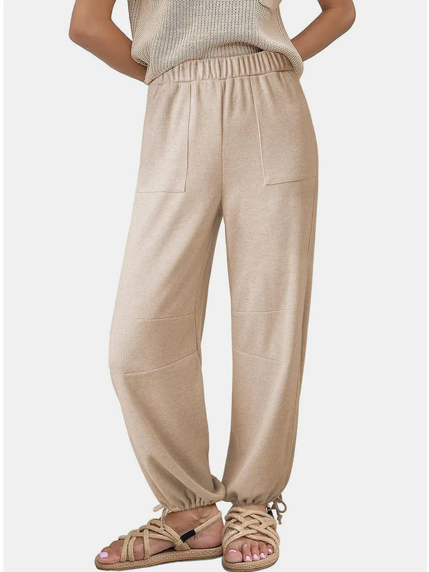 Women's Fashion Solid Color Pit Strips Wide Leg Drawstring Pants for Women