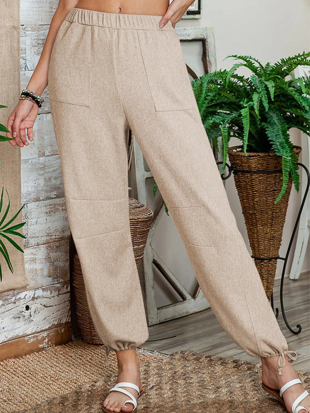 Women's Fashion Solid Color Pit Strips Wide Leg Drawstring Pants for Women