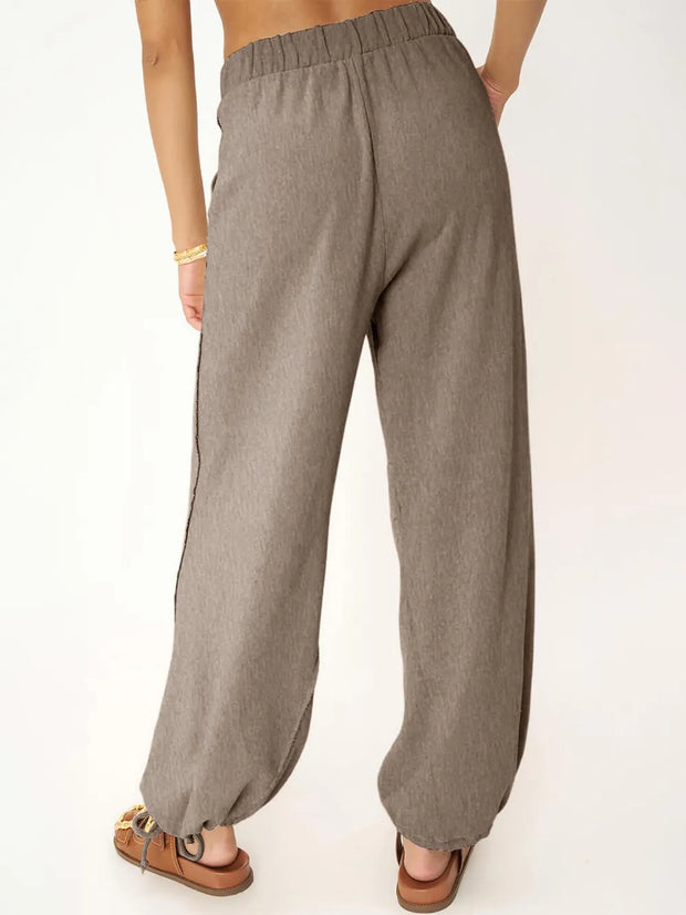 Women's Fashion Solid Color Pit Strips Wide Leg Drawstring Pants for Women