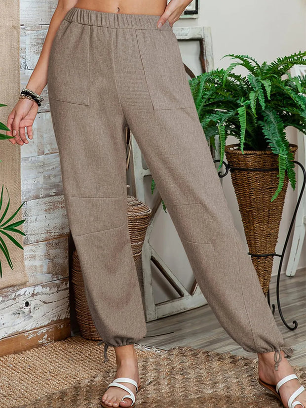 Women's Fashion Solid Color Pit Strips Wide Leg Drawstring Pants for Women