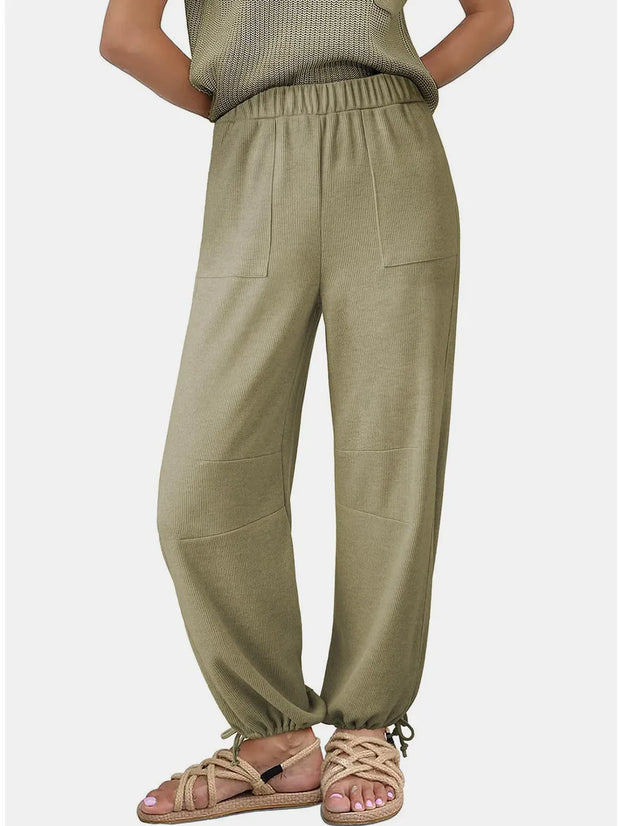 Women's Fashion Solid Color Pit Strips Wide Leg Drawstring Pants for Women