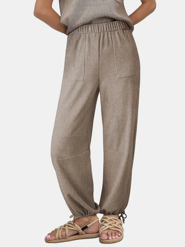 Women's Fashion Solid Color Pit Strips Wide Leg Drawstring Pants for Women