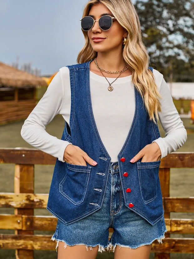Fashion heart button trendy denim sleeveless vest for women
