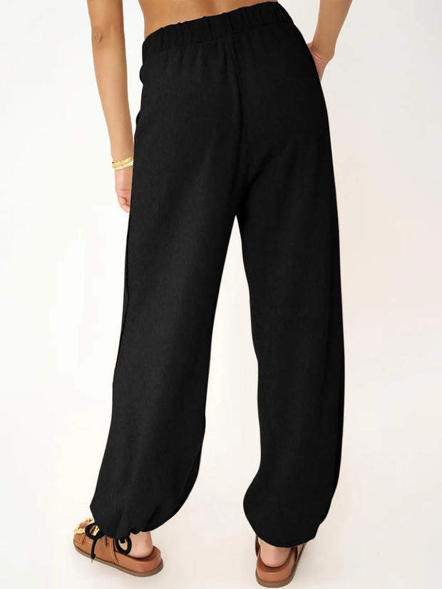 Women's Fashion Solid Color Pit Strips Wide Leg Drawstring Pants for Women
