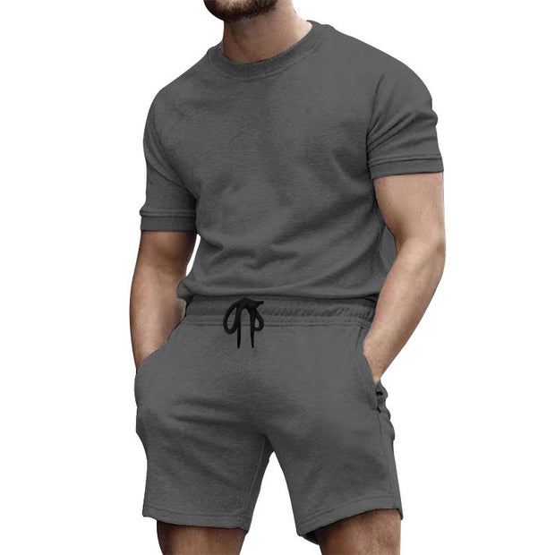 Summer men's short sleeved sports and leisure patchwork round neck fitness suit
