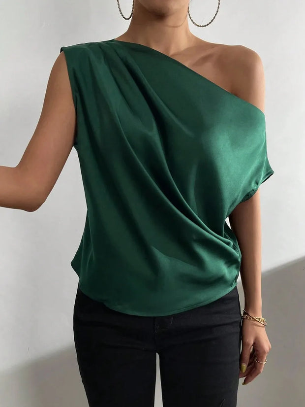Women's Fashion Versatile Slant Neck Pinch Fold Single Shoulder Asymmetric Tank Top