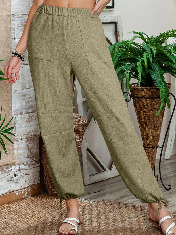 Women's Fashion Solid Color Pit Strips Wide Leg Drawstring Pants for Women