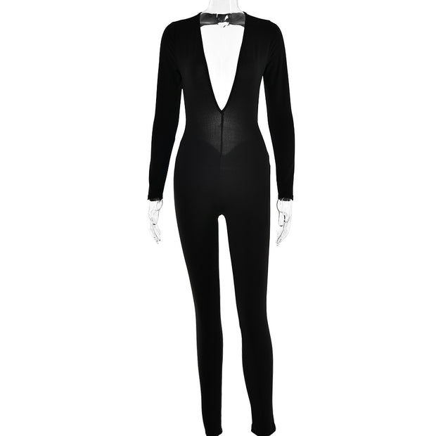 Deep V-neck long sleeved leggings for women's fashion backless tight jumpsuit
