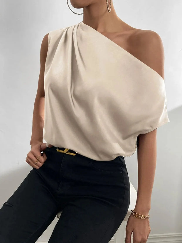Women's Fashion Versatile Slant Neck Pinch Fold Single Shoulder Asymmetric Tank Top