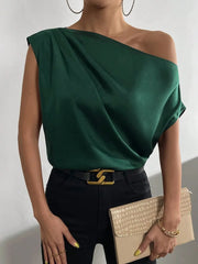 Women's Fashion Versatile Slant Neck Pinch Fold Single Shoulder Asymmetric Tank Top