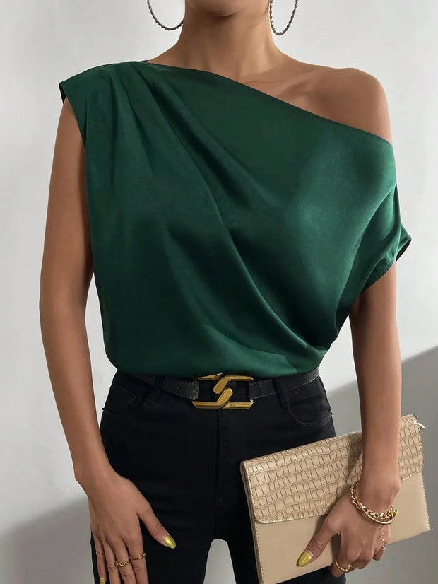 Women's Fashion Versatile Slant Neck Pinch Fold Single Shoulder Asymmetric Tank Top