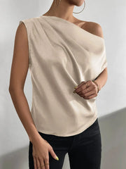 Women's Fashion Versatile Slant Neck Pinch Fold Single Shoulder Asymmetric Tank Top