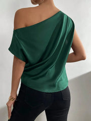 Women's Fashion Versatile Slant Neck Pinch Fold Single Shoulder Asymmetric Tank Top