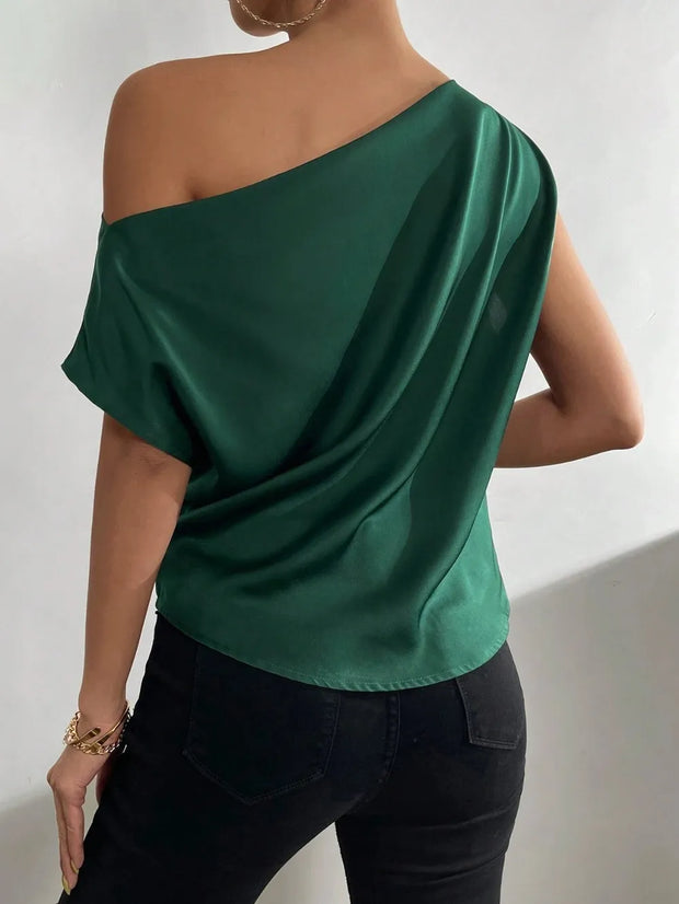Women's Fashion Versatile Slant Neck Pinch Fold Single Shoulder Asymmetric Tank Top