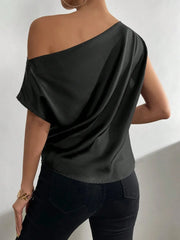 Women's Fashion Versatile Slant Neck Pinch Fold Single Shoulder Asymmetric Tank Top