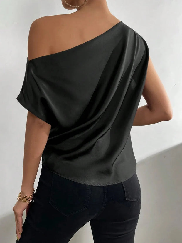Women's Fashion Versatile Slant Neck Pinch Fold Single Shoulder Asymmetric Tank Top