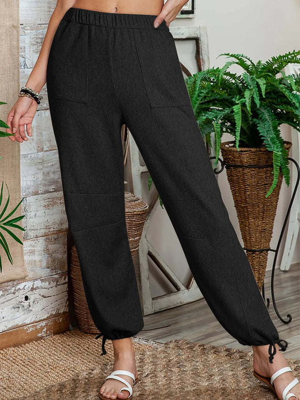 Women's Fashion Solid Color Pit Strips Wide Leg Drawstring Pants for Women