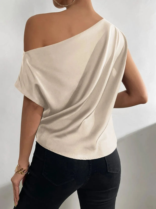 Women's Fashion Versatile Slant Neck Pinch Fold Single Shoulder Asymmetric Tank Top