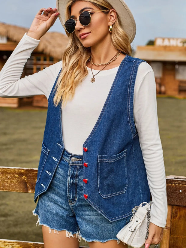 Fashion heart button trendy denim sleeveless vest for women