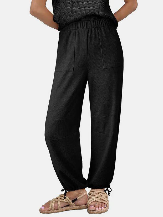 Women's Fashion Solid Color Pit Strips Wide Leg Drawstring Pants for Women