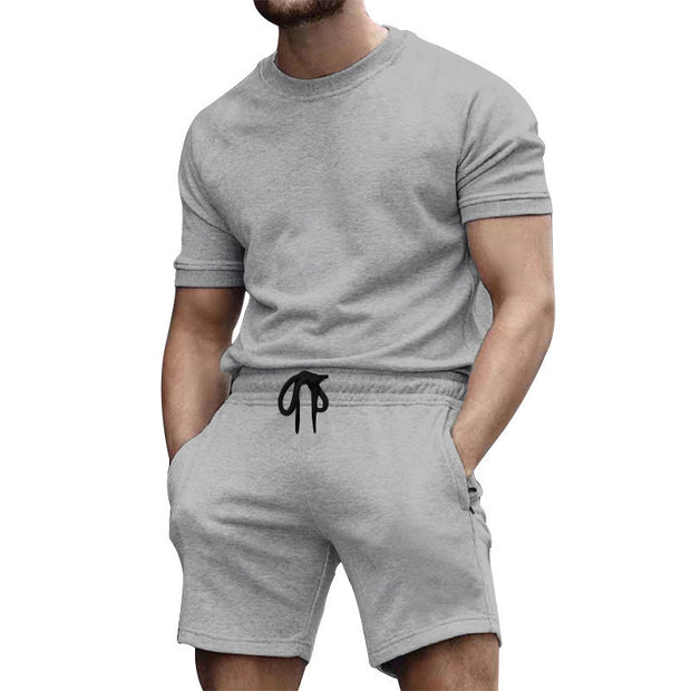 Summer men's short sleeved sports and leisure patchwork round neck fitness suit