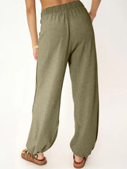 Women's Fashion Solid Color Pit Strips Wide Leg Drawstring Pants for Women