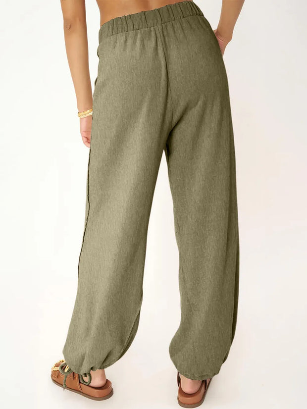 Women's Fashion Solid Color Pit Strips Wide Leg Drawstring Pants for Women