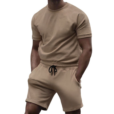 Summer men's short sleeved sports and leisure patchwork round neck fitness suit