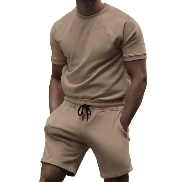 Summer men's short sleeved sports and leisure patchwork round neck fitness suit